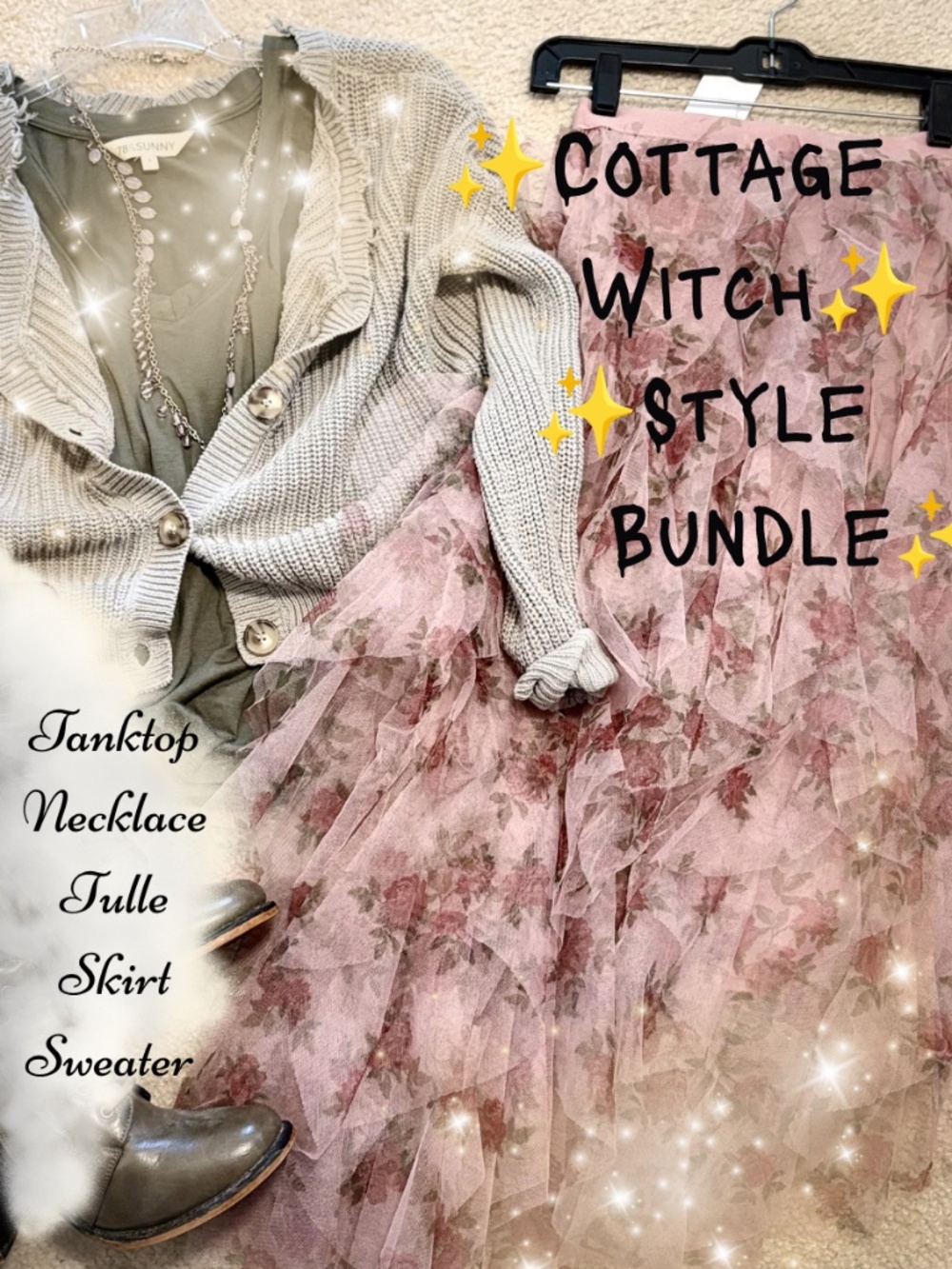 Cottage Core Bundle: Tulle Skirt, green tank top, necklace 4 items in this box